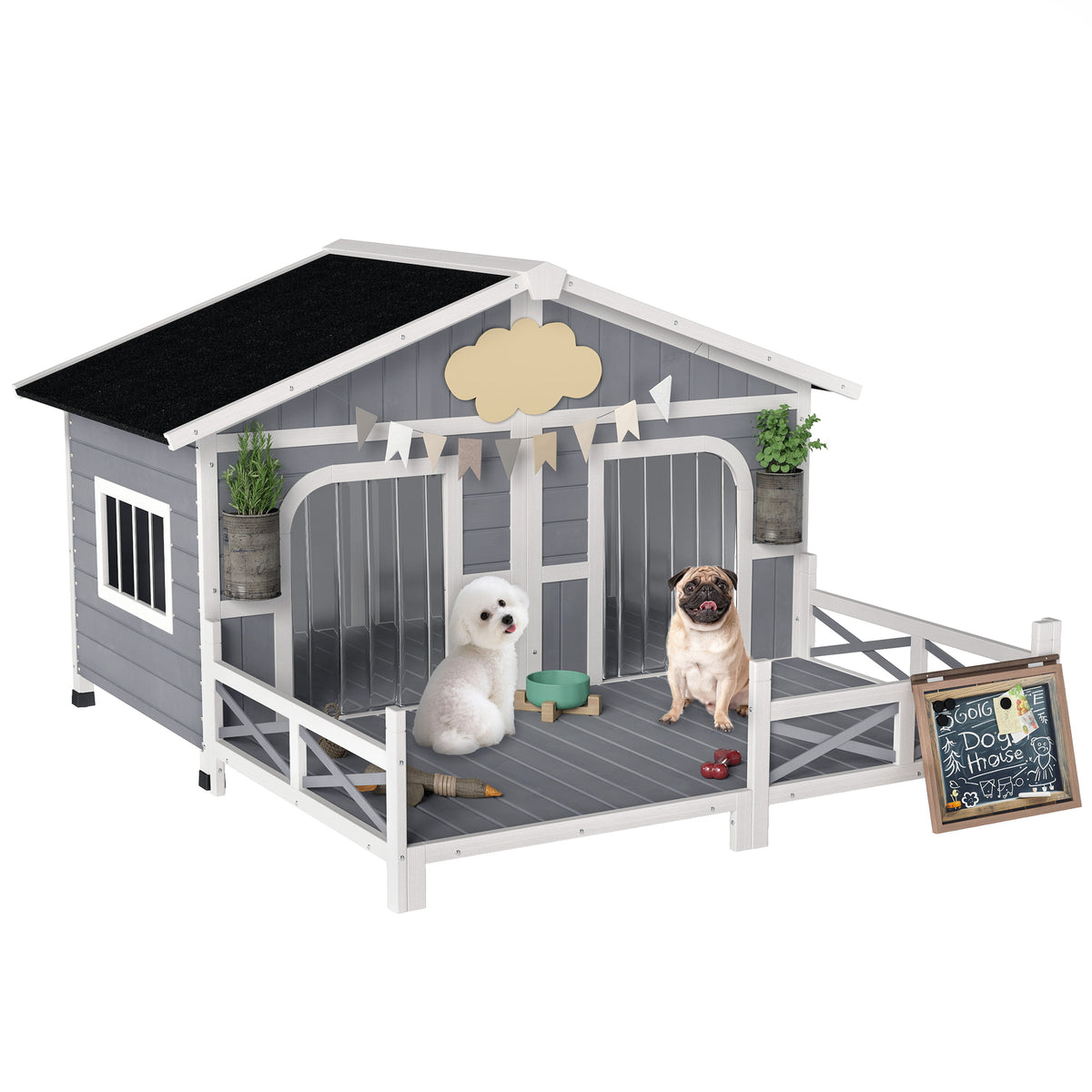 PawHut Wooden Large Dog House Outdoor Cabin Style, Elevated Pet Shelter with Porch, for Small and Medium Breed Dogs, Gray| Aosom.com