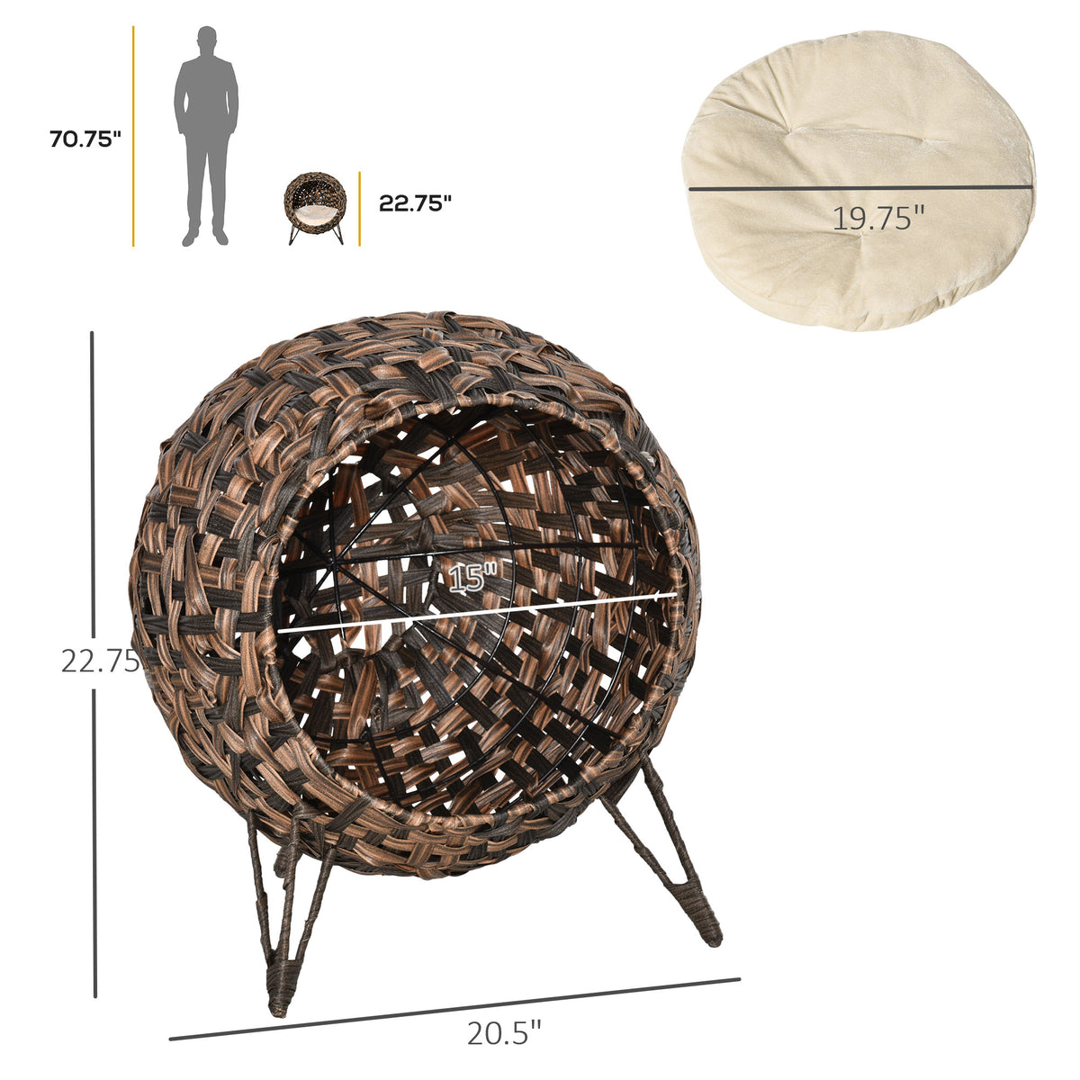 PawHut 20.5 Woven Wicker Cat Bed Elevated Hand-Woven Braided Banana Leaf Kitten House Condo with Cushion Brown | Aosom.com
