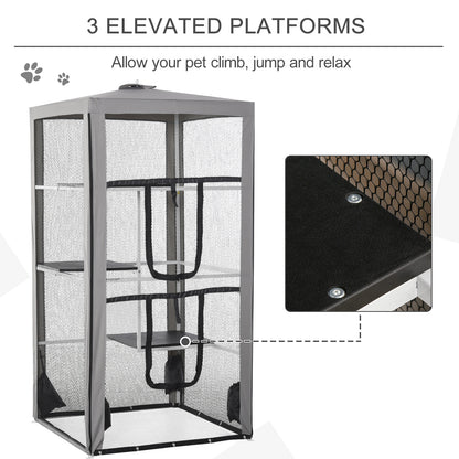 PawHut 79"H Cat House Kitten Enclosure Mesh Playpen Steel Frame with 3 Platforms, 2 Doors and 4 Sandbags for Stability, Indoor/Outdoor