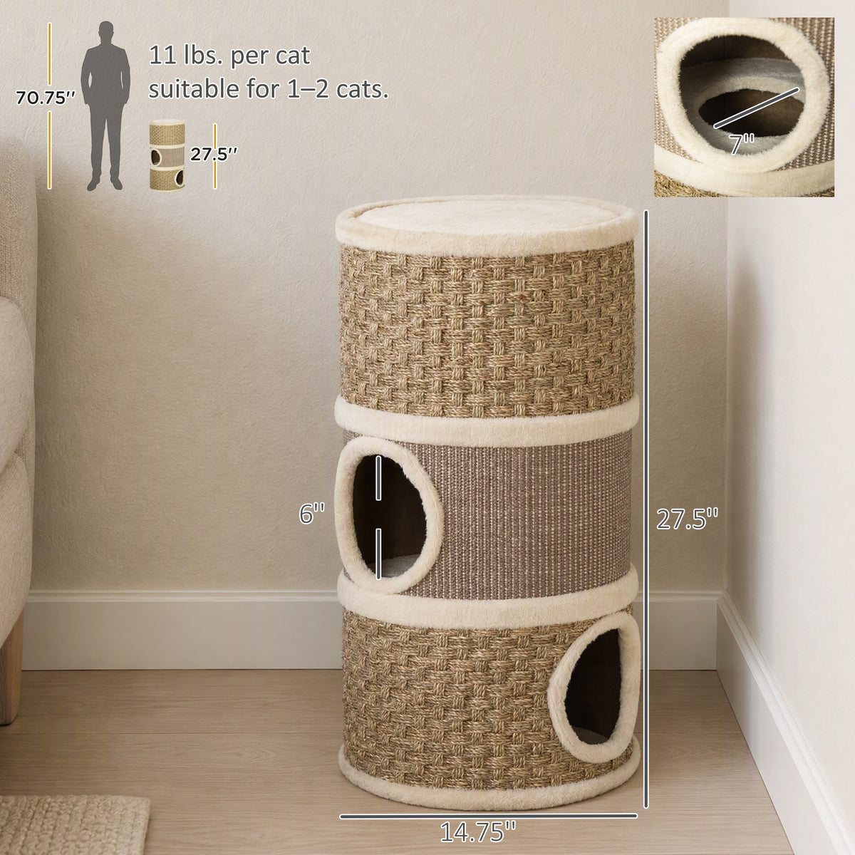 PawHut 28" Multi-Level Cat Condo with Sisal Scratching Pad 3 Story Hideaway for Cats Brown | Aosom.com