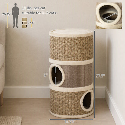 PawHut 28" Multi-Level Cat Condo with Sisal Scratching Pad 3 Story Hideaway for Cats Brown | Aosom.com