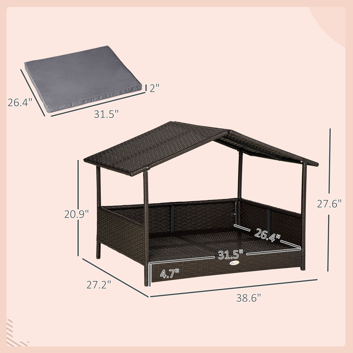 PawHut Wicker Dog Bed Outdoor, with Rattan Canopy, Elevated & Cushioned PE Rattan Dog / Cat House with Sleeping Pad, Gray | Aosom.com