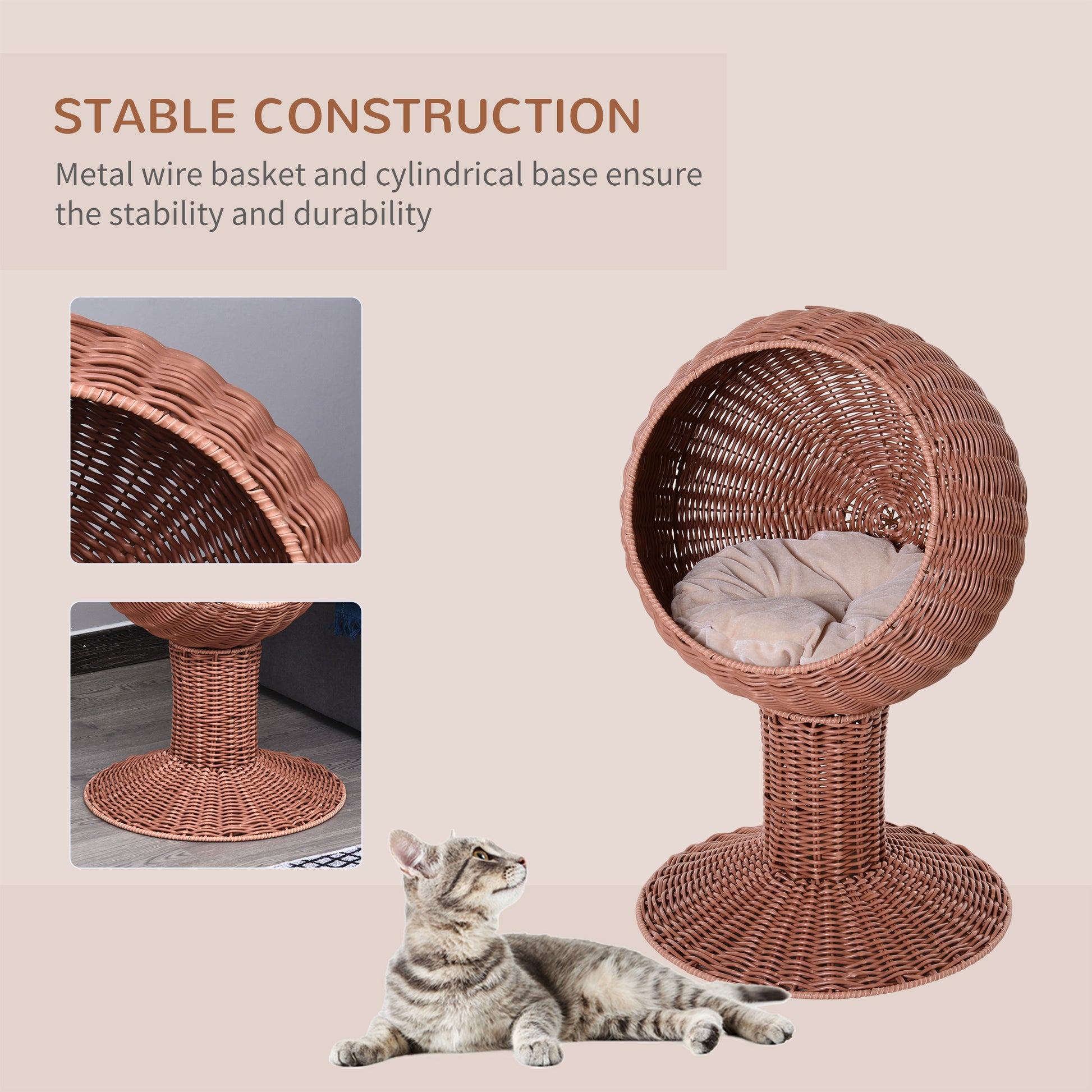 PawHut Elevated Cat Bed, Rotatable Egg Chair Pod, Thick Cushion, Natural Mat Grass Woven Kitty House, Brown | Aosom.com