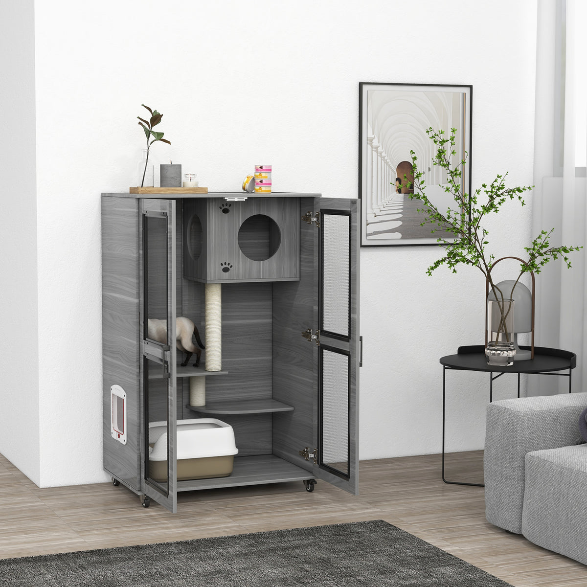 PawHut Cat House with Cat Tree, Kitty Cage with Scratching Posts Condo Cat Enclosure Lockable Wheels, Gray| Aosom.com