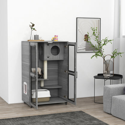 PawHut Cat House with Cat Tree, Kitty Cage with Scratching Posts Condo Cat Enclosure Lockable Wheels, Gray| Aosom.com