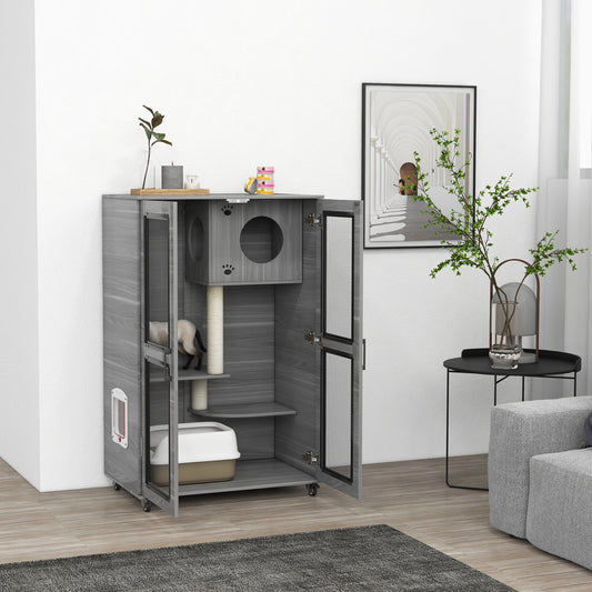 PawHut Cat House with Cat Tree, Kitty Cage with Scratching Posts Condo Cat Enclosure Lockable Wheels, Gray| Aosom.com