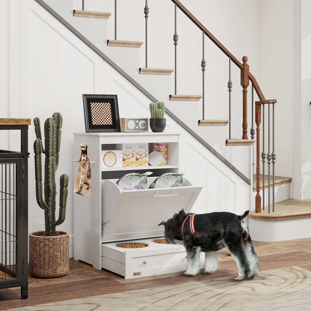 PawHut Pet Feeder Station with Storage, Dog Food Storage Container with 2 Raised Dog Bowls, White | Aosom.com