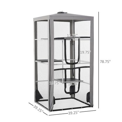 PawHut 79"H Cat House Kitten Enclosure Mesh Playpen Steel Frame with 3 Platforms, 2 Doors and 4 Sandbags for Stability, Indoor/Outdoor