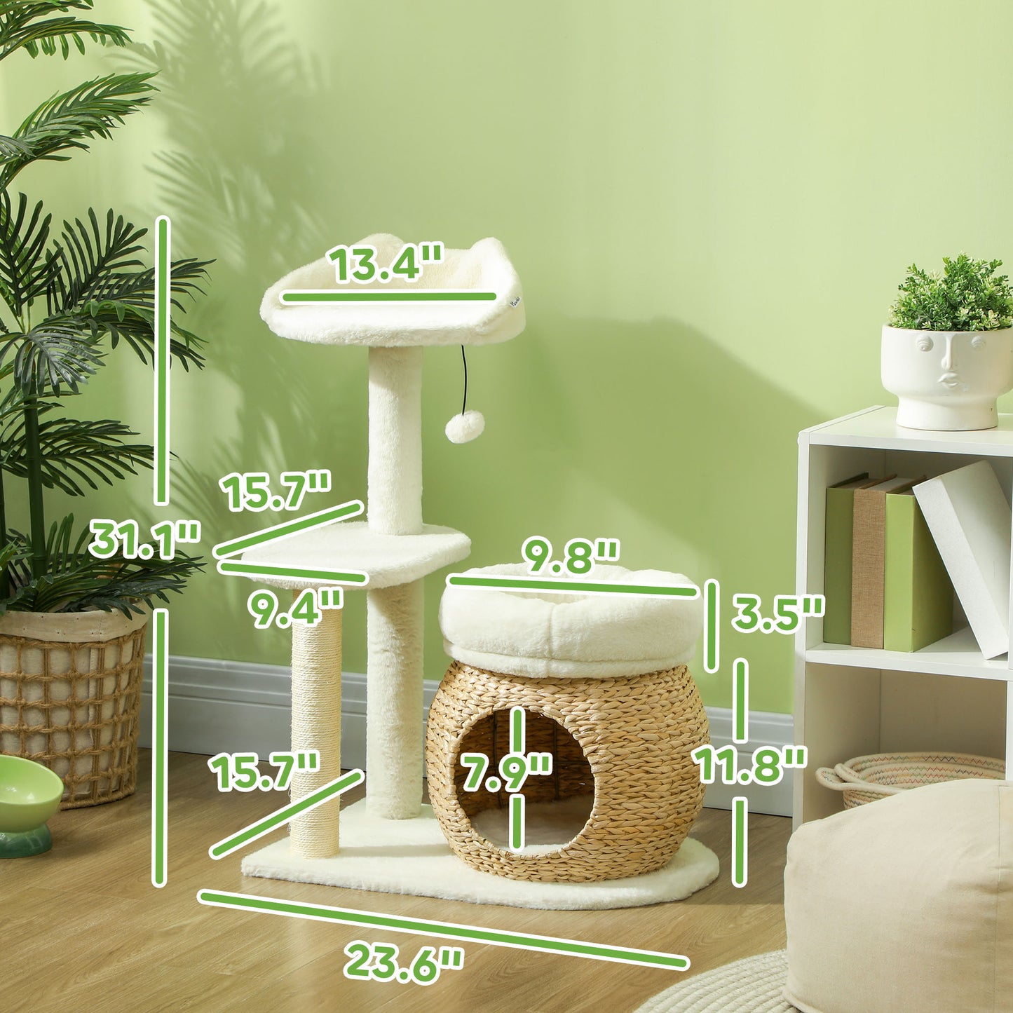 PawHut 31" Cat Tree House, Indoor Cat Activity Center with Scratching Posts, Cat Condo, Beds, Platform and Toy Ball, Cream White | Aosom.com