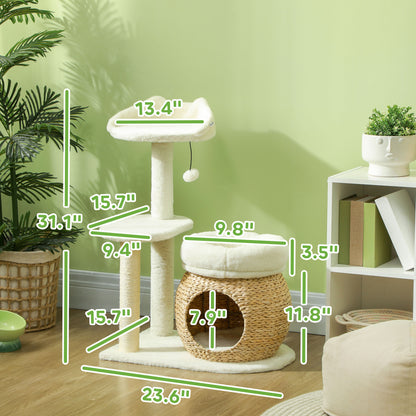 PawHut 31" Cat Tree House, Indoor Cat Activity Center with Scratching Posts, Cat Condo, Beds, Platform and Toy Ball, Cream White | Aosom.com