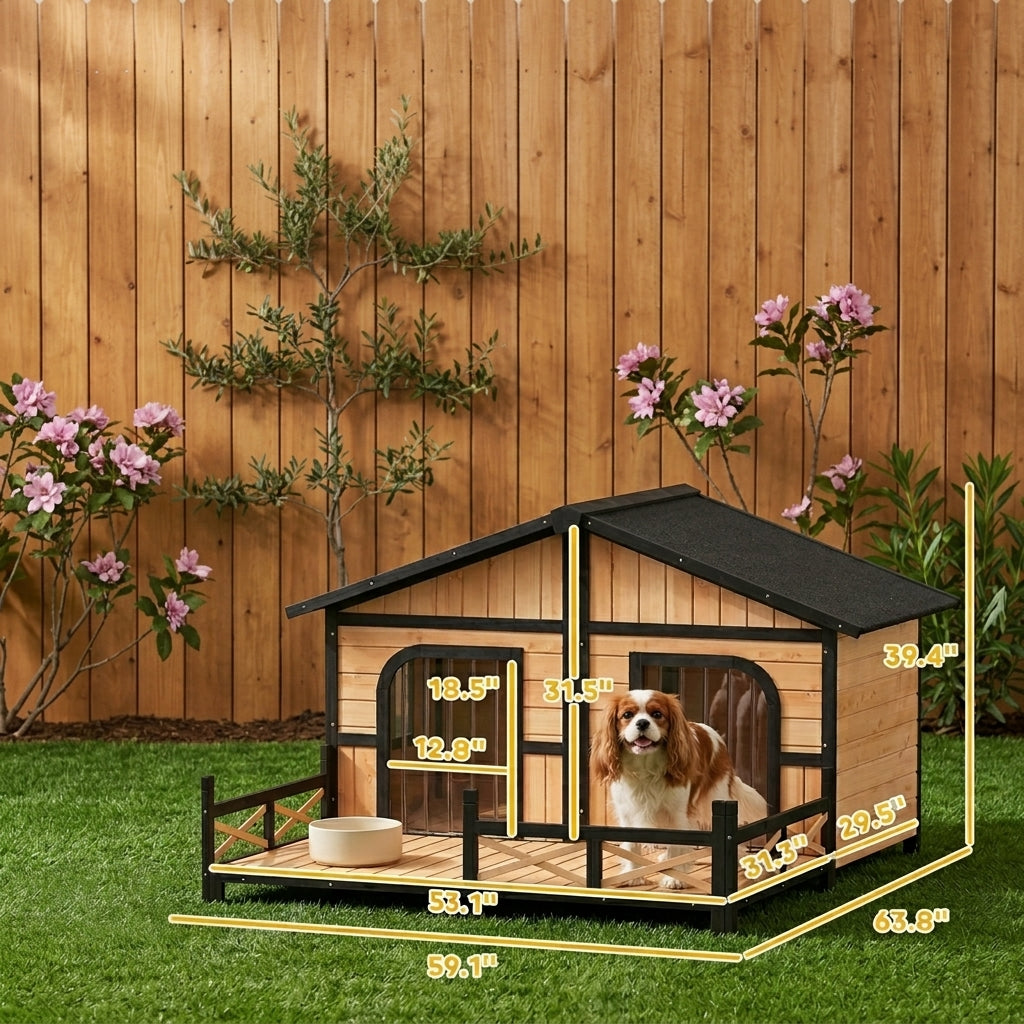 PawHut 59"x64"x39" Large Wooden Dog House Raised Weatherproof Rustic Log Cabin Style Elevated Pet Shelter Porch Deck, Natural
