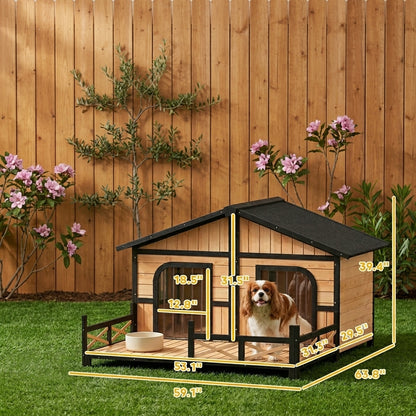 PawHut 59"x64"x39" Large Wooden Dog House Raised Weatherproof Rustic Log Cabin Style Elevated Pet Shelter Porch Deck, Natural