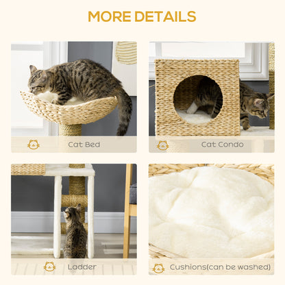 PawHut Modern Cat Tree with Condo Scratching Posts Bed Ladder Washable Cushions Natural | Aosom.com
