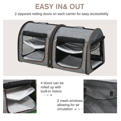 PawHut 39" Portable Twin Compartment Show House Cat Cage/Condo, Soft-Sided Pet kennel, Dual Compartment, Soft Cushions & Storage Bag, Gray