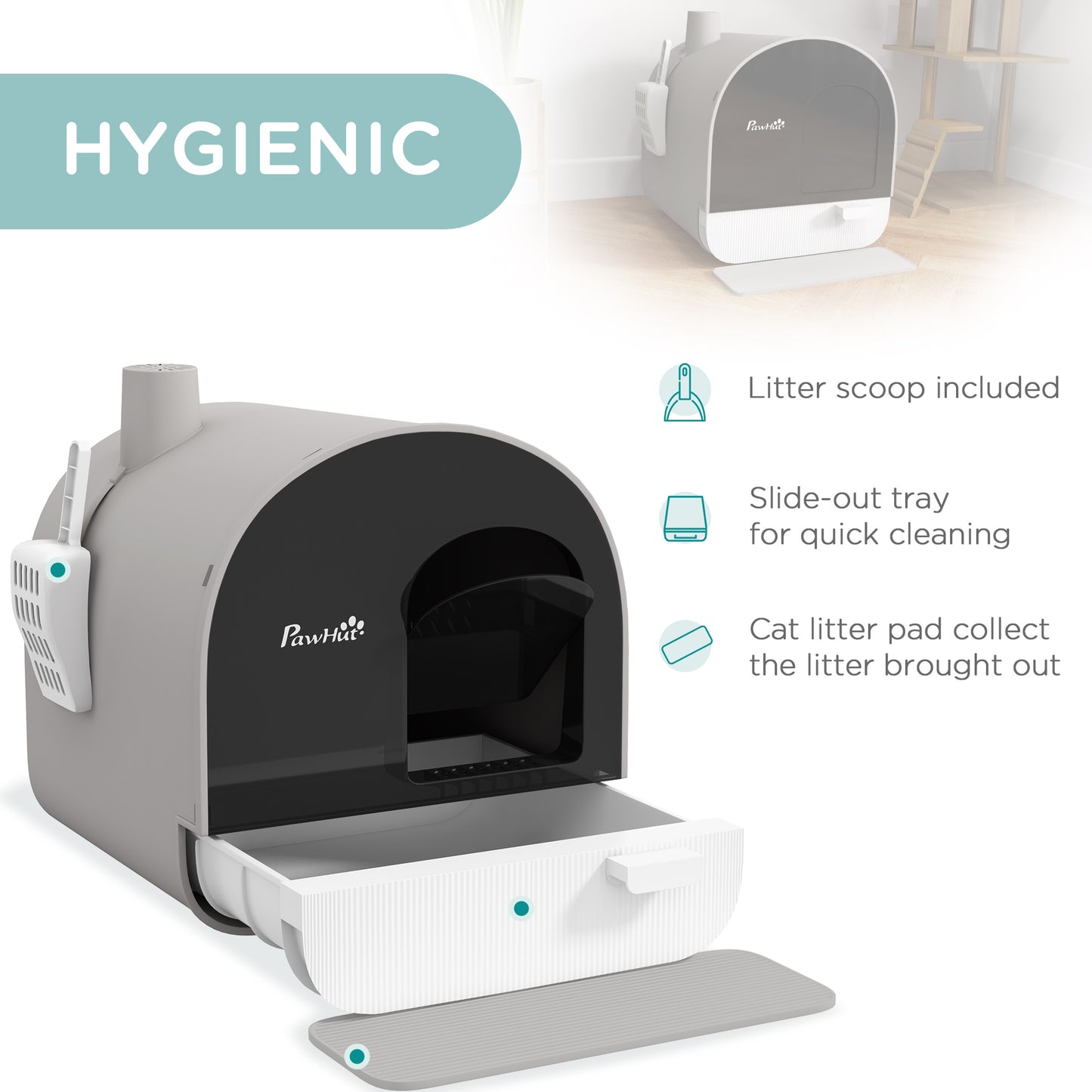 PawHut Covered Cat Litter Box, for Indoor use, with Tray, Scoop, Filter, 17"x17"x18.5", Light Gray | Aosom.com