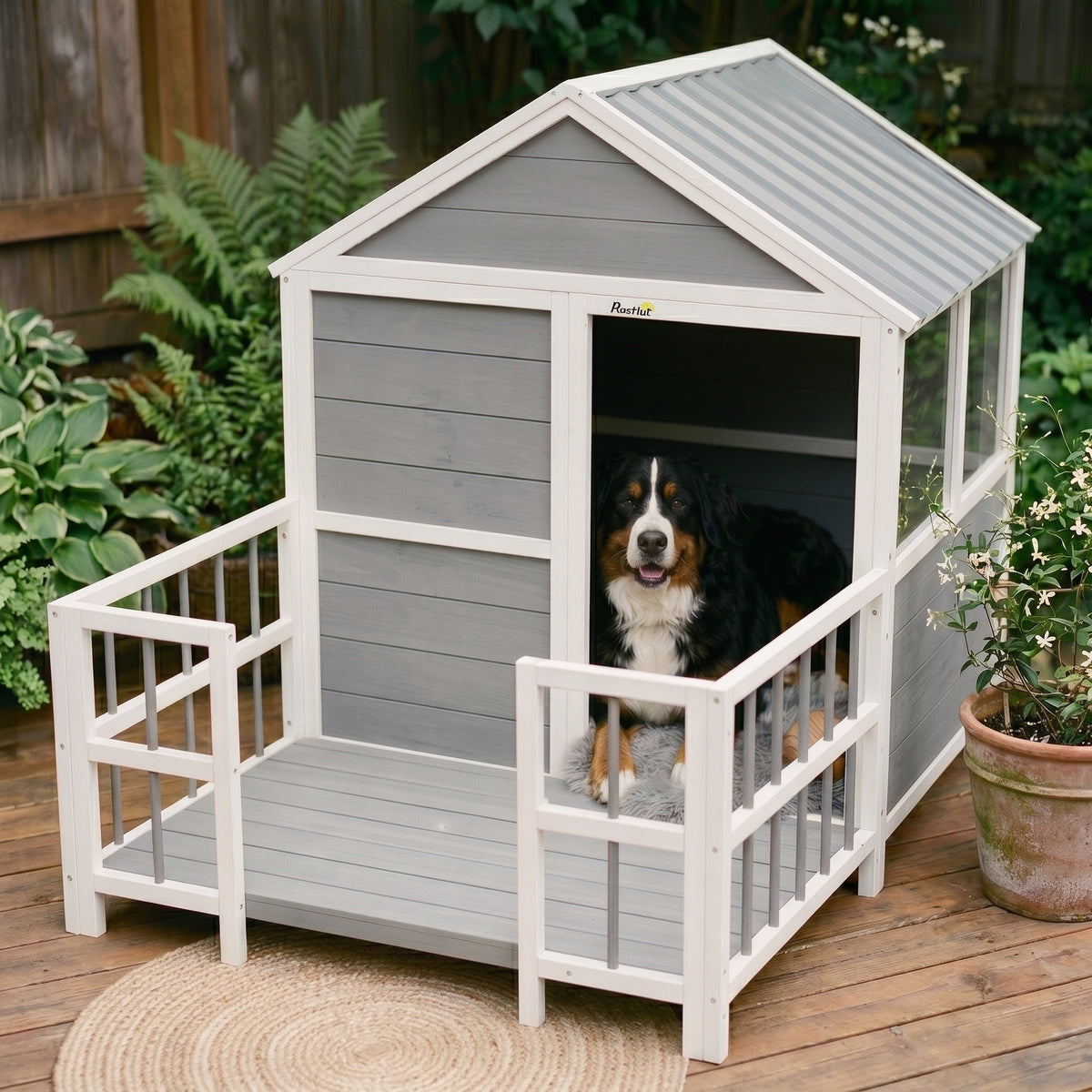 PawHut Outdoor Dog House, 61"L Wooden Dog House with Porch, Weatherproof Roof, Elevated Base, Air Vents & Observation Windows