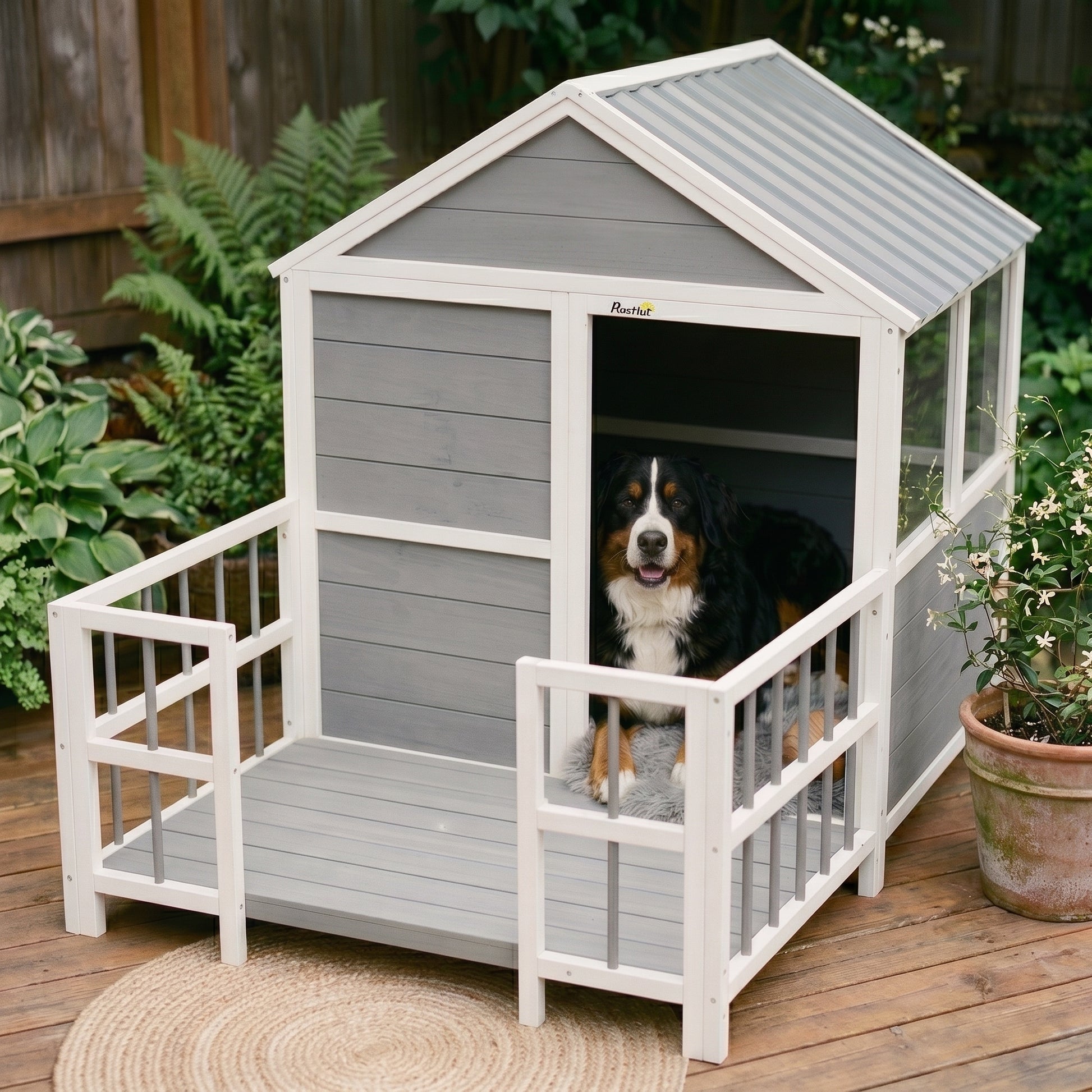 PawHut Outdoor Dog House, 61"L Wooden Dog House with Porch, Weatherproof Roof, Elevated Base, Air Vents & Observation Windows