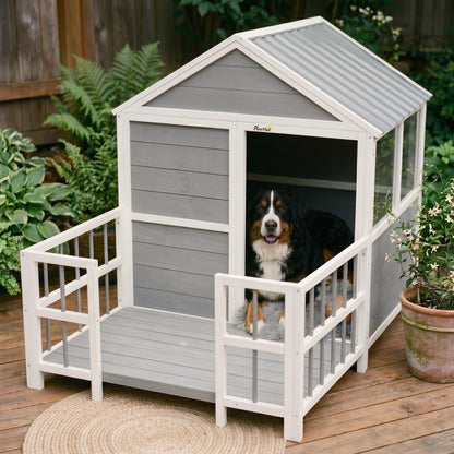 PawHut Outdoor Dog House, 61"L Wooden Dog House with Porch, Weatherproof Roof, Elevated Base, Air Vents & Observation Windows
