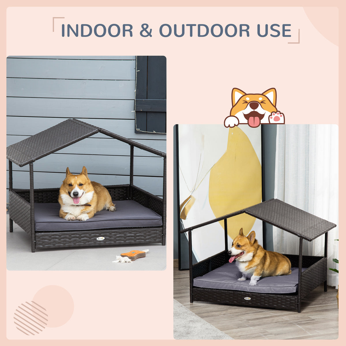 PawHut Wicker Dog Bed Outdoor, with Rattan Canopy, Elevated & Cushioned PE Rattan Dog / Cat House with Sleeping Pad, Gray | Aosom.com