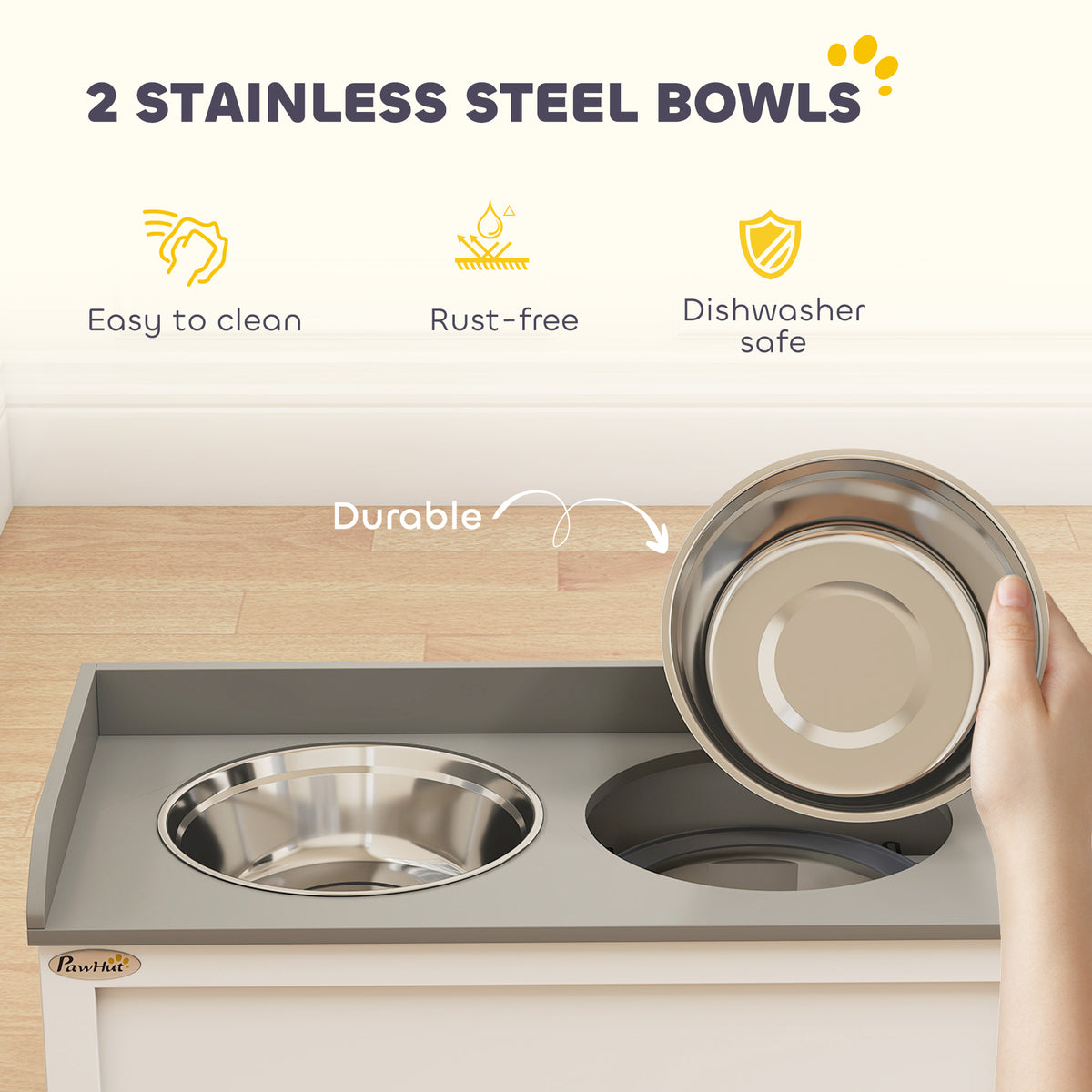 PawHut Raised Pet Feeder, Large Pet Dish Bowl Set with Storage Drawer, 2 Steel Bowls, White | Aosom.com