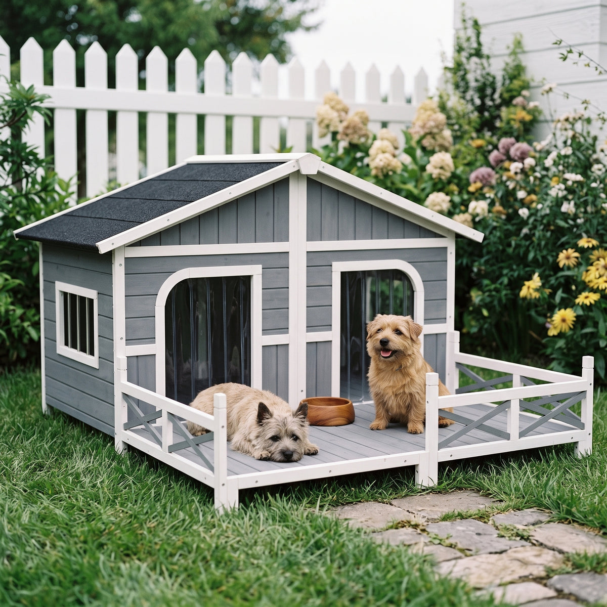 PawHut Wooden Large Dog House Outdoor Cabin Style, Elevated Pet Shelter with Porch, for Small and Medium Breed Dogs, Gray| Aosom.com