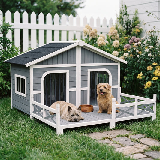 PawHut Wooden Large Dog House Outdoor Cabin Style, Elevated Pet Shelter with Porch, for Small and Medium Breed Dogs, Gray| Aosom.com