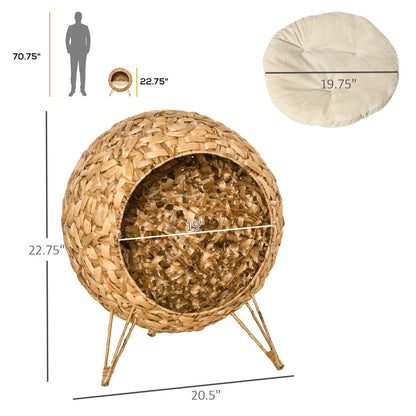 PawHut 20.5 Weaved Cat Bed Elevated Hand Made Cat House Condo with Cushion Brown | Aosom.com