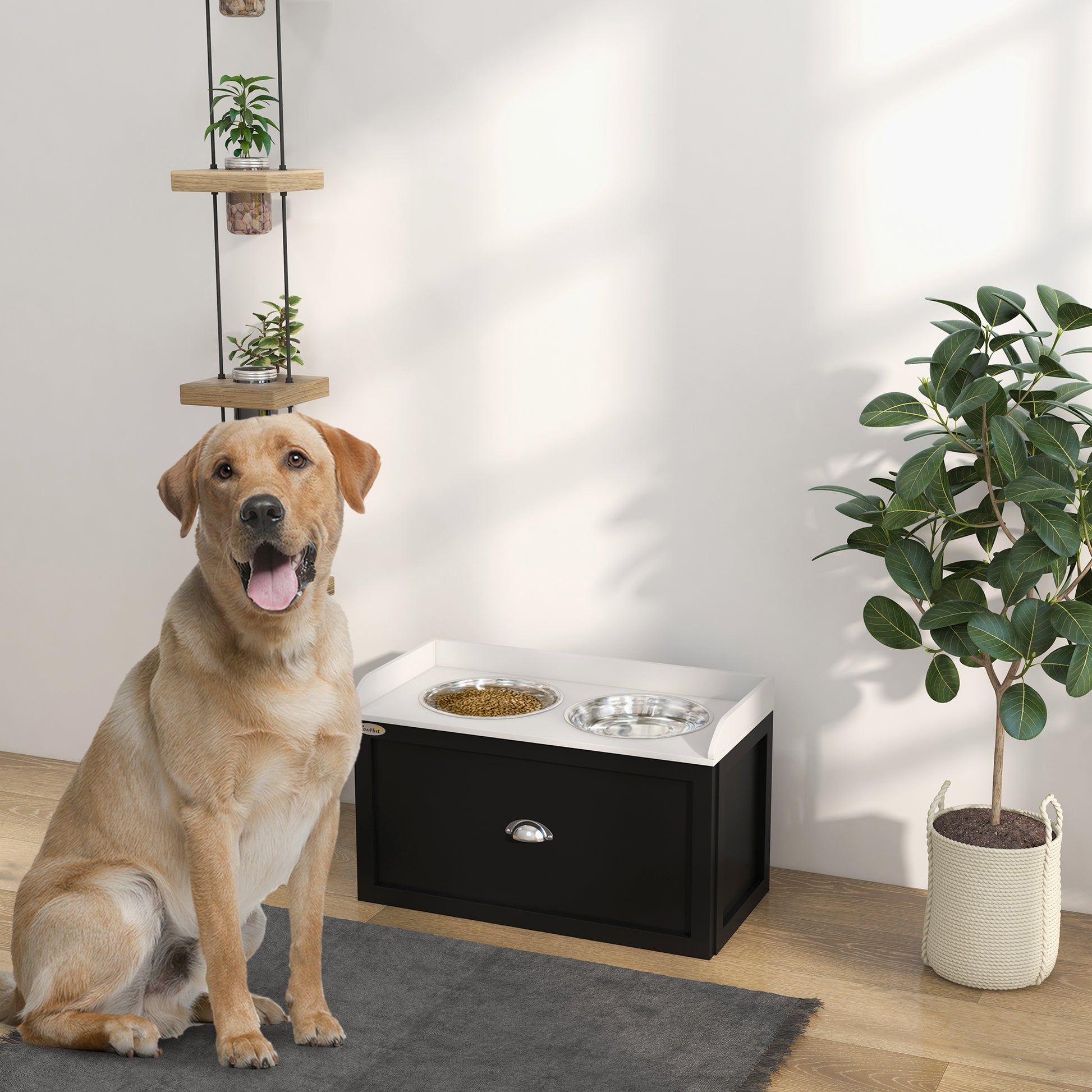 PawHut Pet Feeding Station Pet Dish Bowl Set with Storage, 2 Elevated Dog Bowls for Large Sized Dogs, White and Black