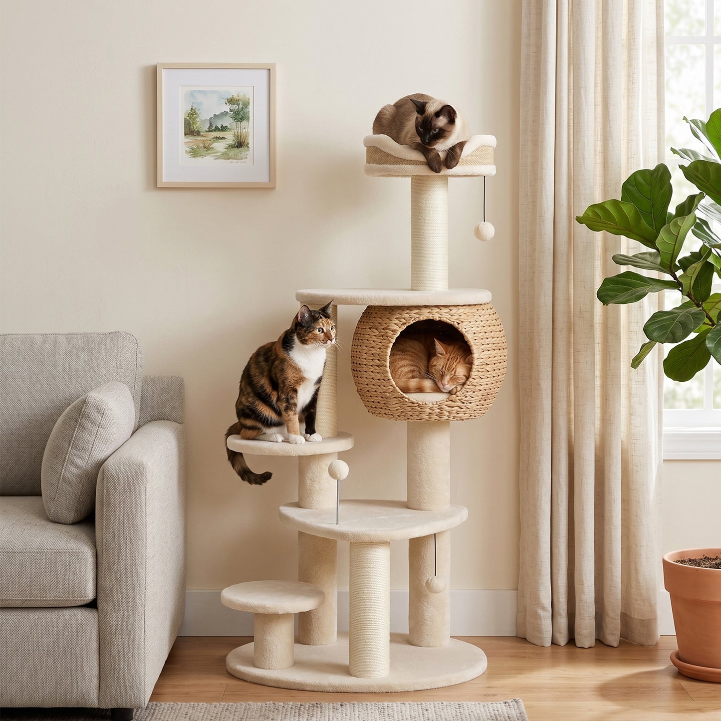 PawHut 52" Cat Tree, Cat Tower with Handwoven Cattail Condo, Bed, Platforms, 3 Scratching Posts and 3 Toy Balls