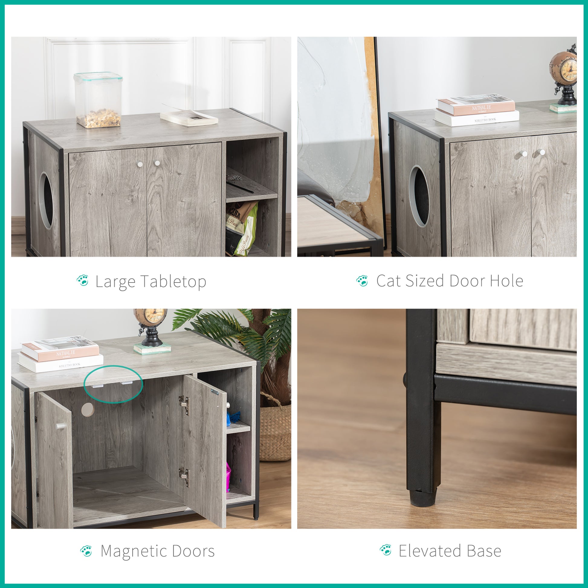 PawHut Cat Litter Box Enclosure Hidden Cat Furniture Cabinet Indoor Cat Washroom Double-door with Damping Hinge Multiple Storage Place Adjustable Grey