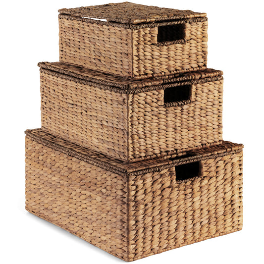 Set of 3 X-Large, Large, & Medium Woven Storage Baskets W/Lids & Handles