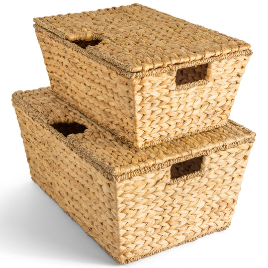 Set of 2 X-Large & Medium Woven Storage Baskets, Bins W/Lids & Handles