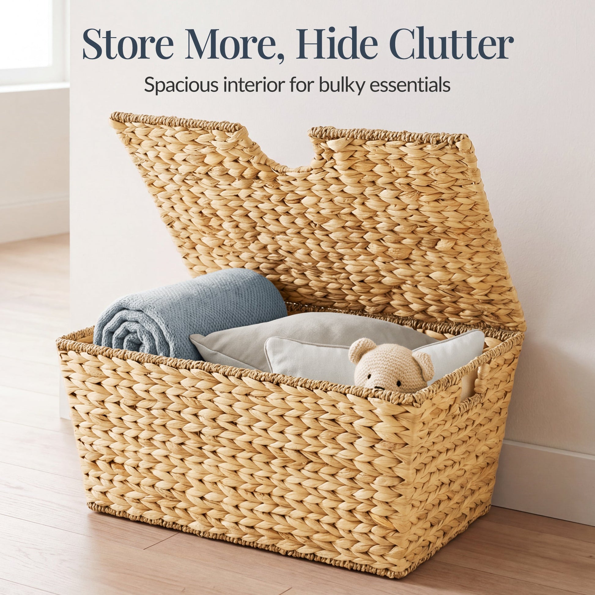 Set of 2 X-Large & Medium Woven Storage Baskets, Bins W/Lids & Handles