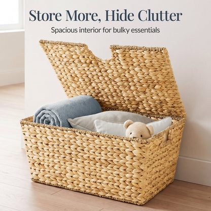 Set of 2 X-Large & Medium Woven Storage Baskets, Bins W/Lids & Handles