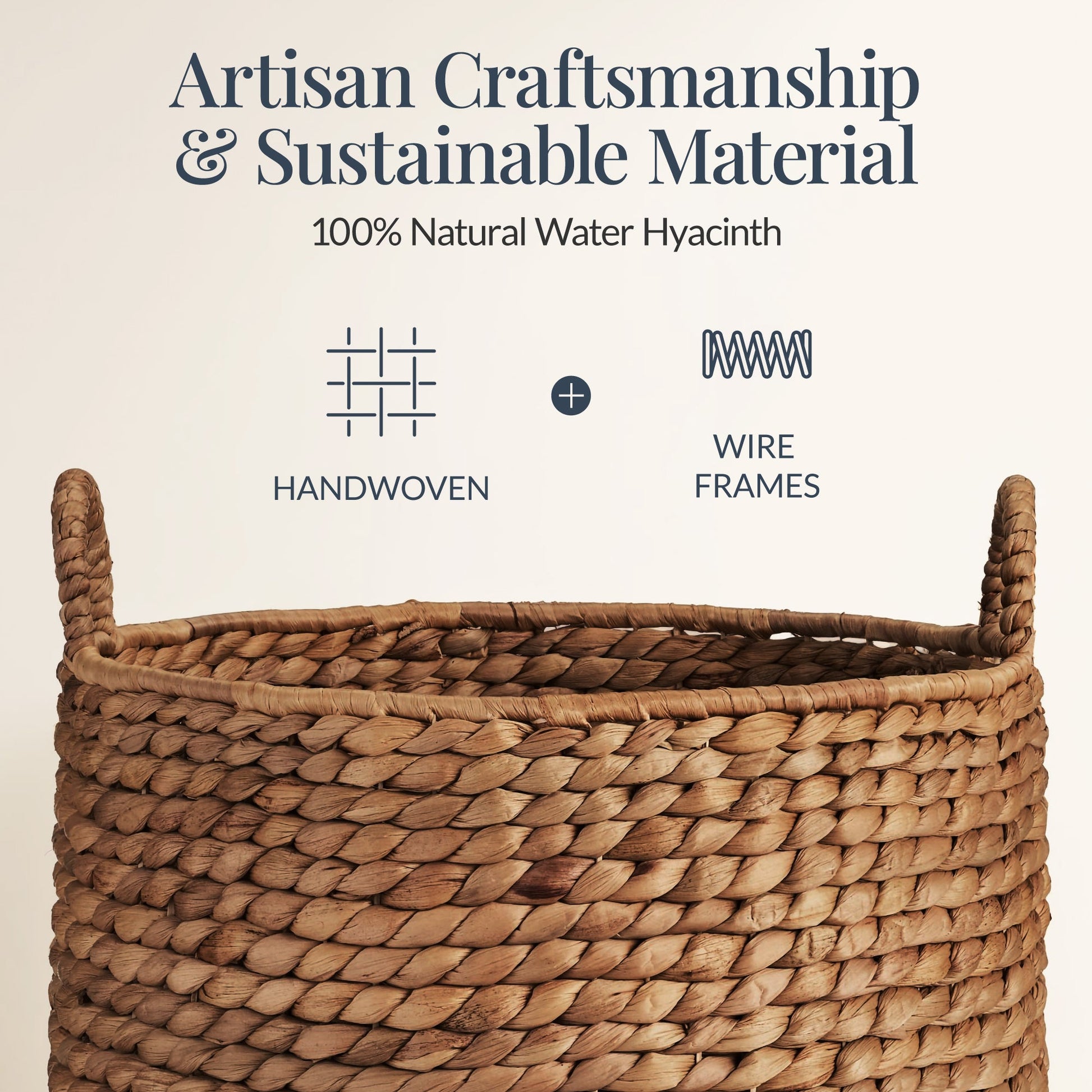 Round Storage Basket w/ Handles, Handwoven Water Hyacinth Tote