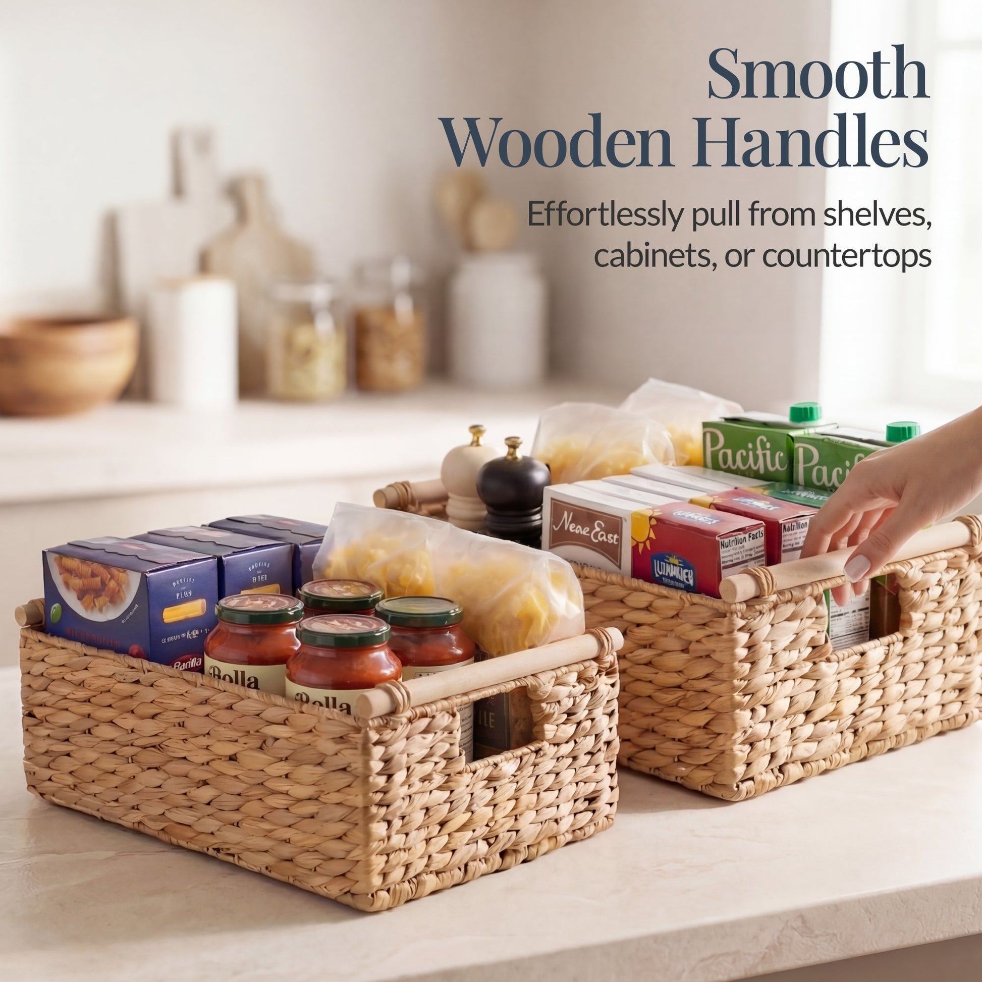 Wicker Storage Basket,  Shelf Basket w/ Wooden Handles