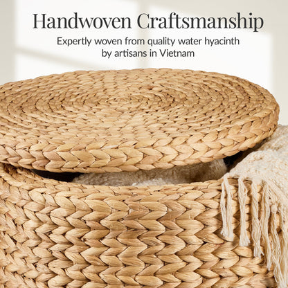 17" Round Storage Ottoman with Lid, Handwoven Water Hyacinth Footstool