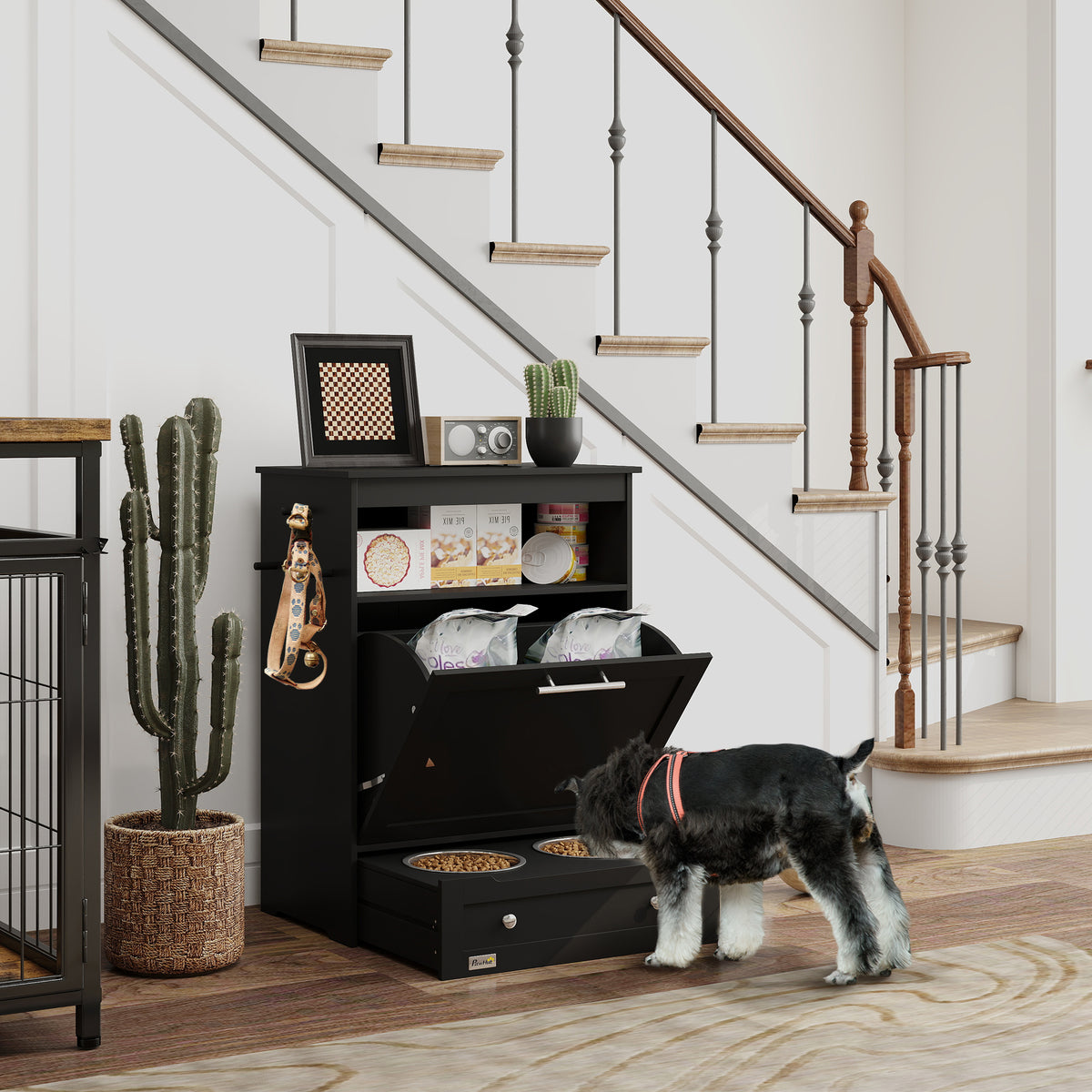 PawHut Pet Feeder Station Storage Cabinet, Dog Food Storage Container with Dog Raised Bowls, Watering Supplies, Black