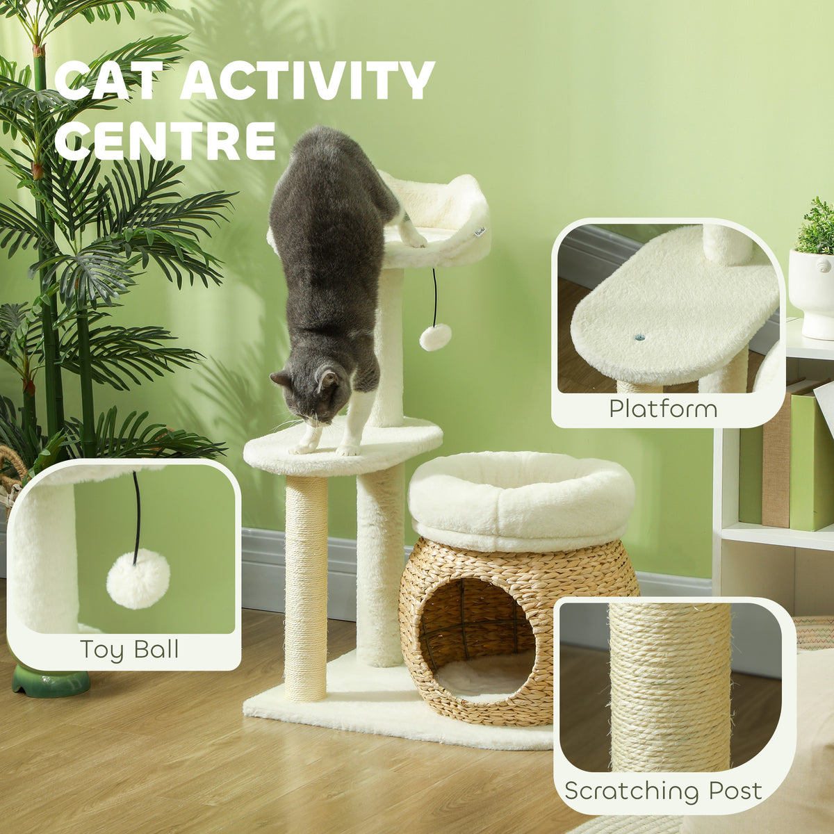 PawHut 31" Cat Tree House, Indoor Cat Activity Center with Scratching Posts, Cat Condo, Beds, Platform and Toy Ball, Cream White | Aosom.com
