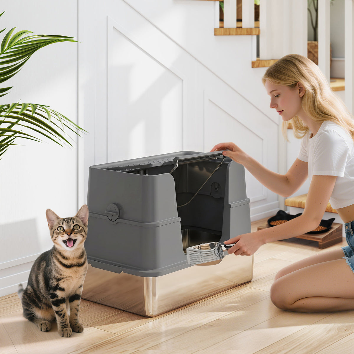 PawHut XL Stainless Steel Litter Box w/ 100° Flip Top, Scoop, Top & Side Entry Enclosed Litter Box for Big Cats