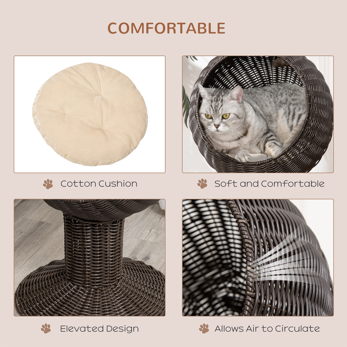 PawHut 27 Elevated Cat Bed Rotatable Egg Chair Pod Thick Cushion Natural Mat Grass Woven Coffee | Aosom.com