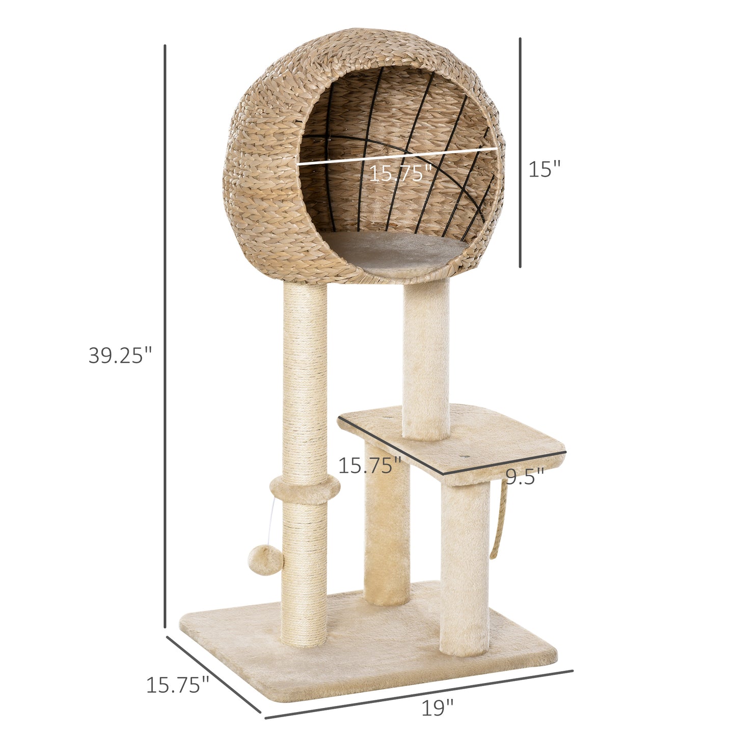 PawHut Modern Cat Tree with Sisal Scratching Post Condo and Hanging Rope 39"H, Beige