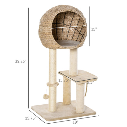 PawHut Modern Cat Tree with Sisal Scratching Post Condo and Hanging Rope 39"H, Beige