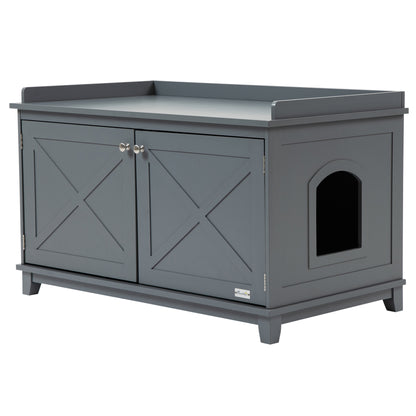 PawHut Cat Litter Box Furniture Hidden Litter Box Enclosure Cabinet Indoor Cat Washroom Double-door Nightstand End Table with Cat Hole Grey