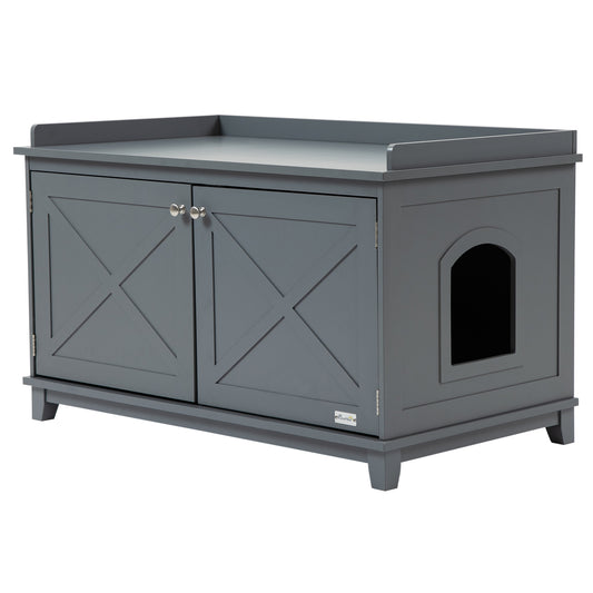 PawHut Cat Litter Box Furniture Hidden Litter Box Enclosure Cabinet Indoor Cat Washroom Double-door Nightstand End Table with Cat Hole Grey