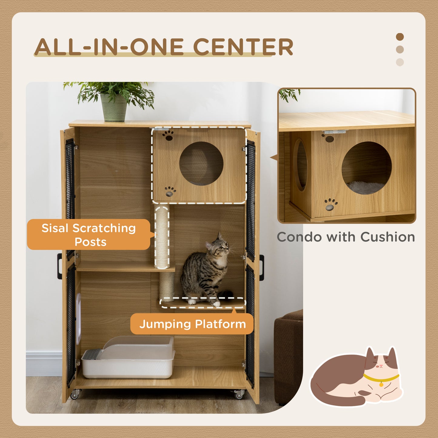 PawHut Cat House with Cat Tree, Kitty Cage with Scratching Posts Condo Cat Enclosure Lockable Wheels, Oak| Aosom.com