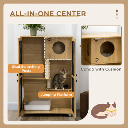 PawHut Cat House with Cat Tree, Kitty Cage with Scratching Posts Condo Cat Enclosure Lockable Wheels, Oak| Aosom.com