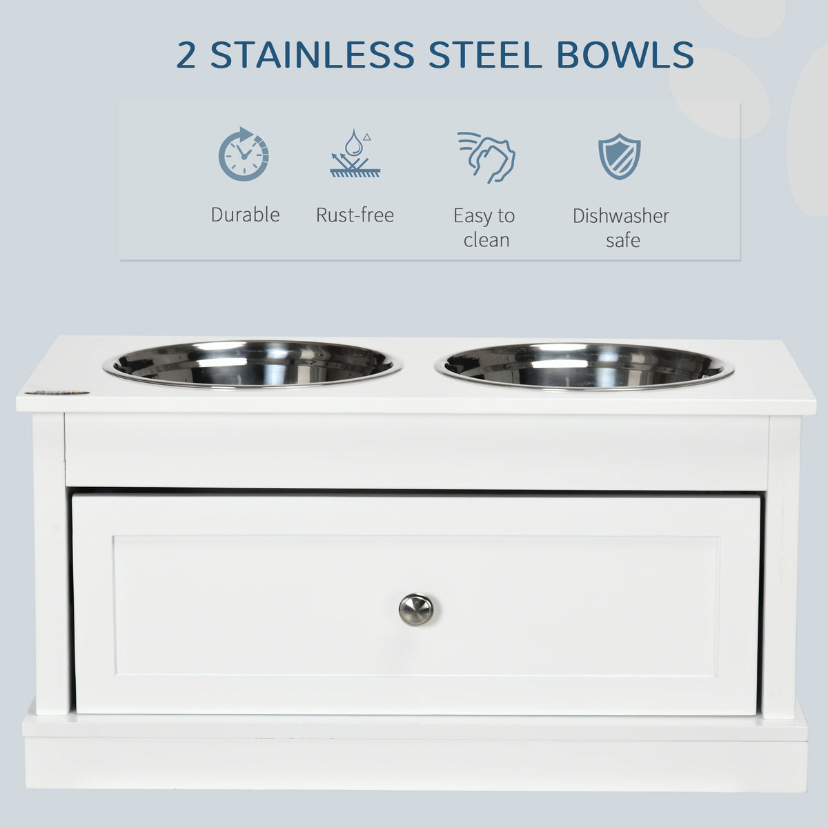 PawHut Elevated Dog Bowls Large Dog Feeder Station with 2 Stainless Steel Bowls Storage Drawer Wood Stand White | Aosom.com