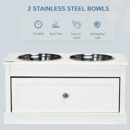 PawHut Elevated Dog Bowls Large Dog Feeder Station with 2 Stainless Steel Bowls Storage Drawer Wood Stand White | Aosom.com