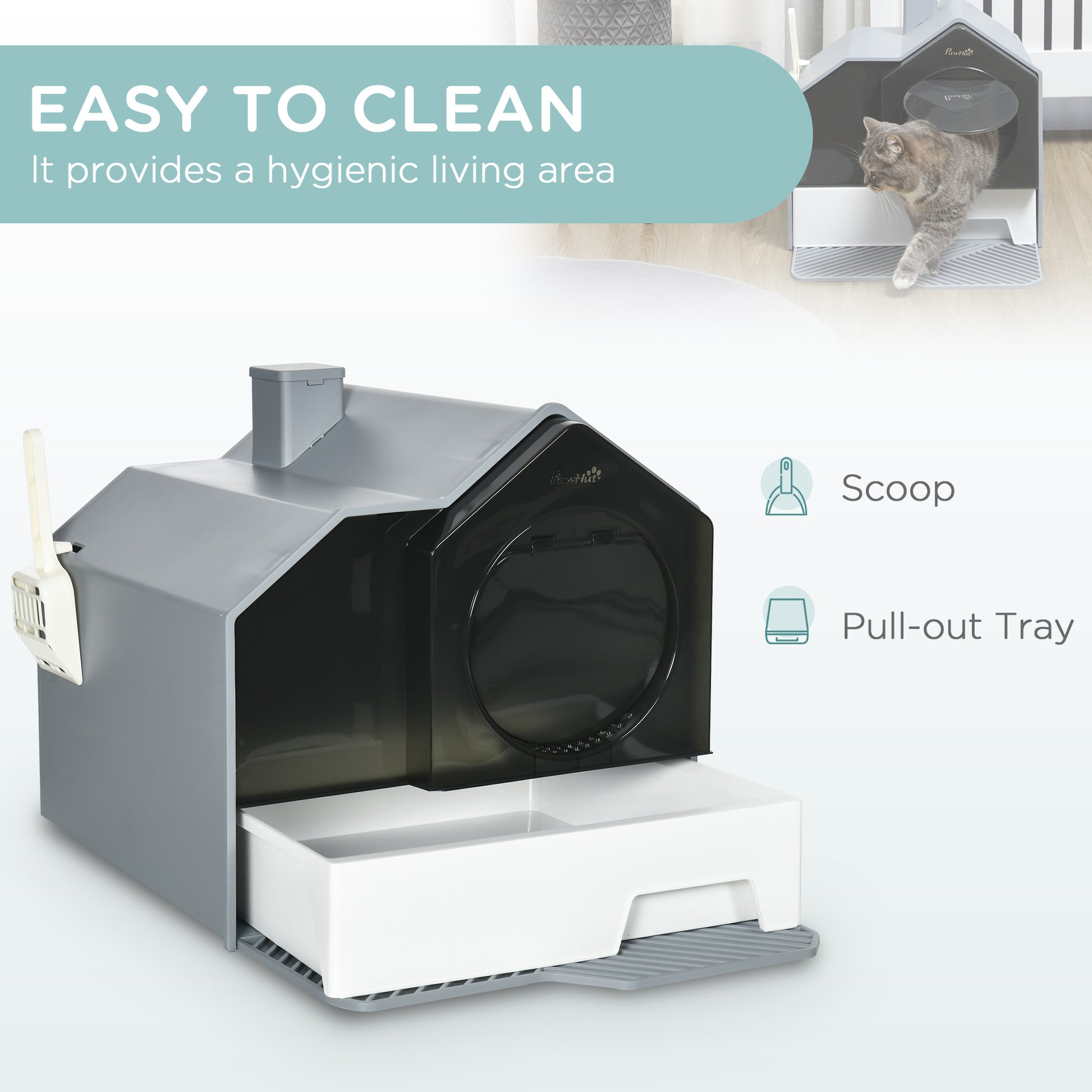 PawHut Hooded Cat Litter Box Furniture Gray Particle Catching Drawer Type Pan Scoop Easy Cleaning | Aosom.com